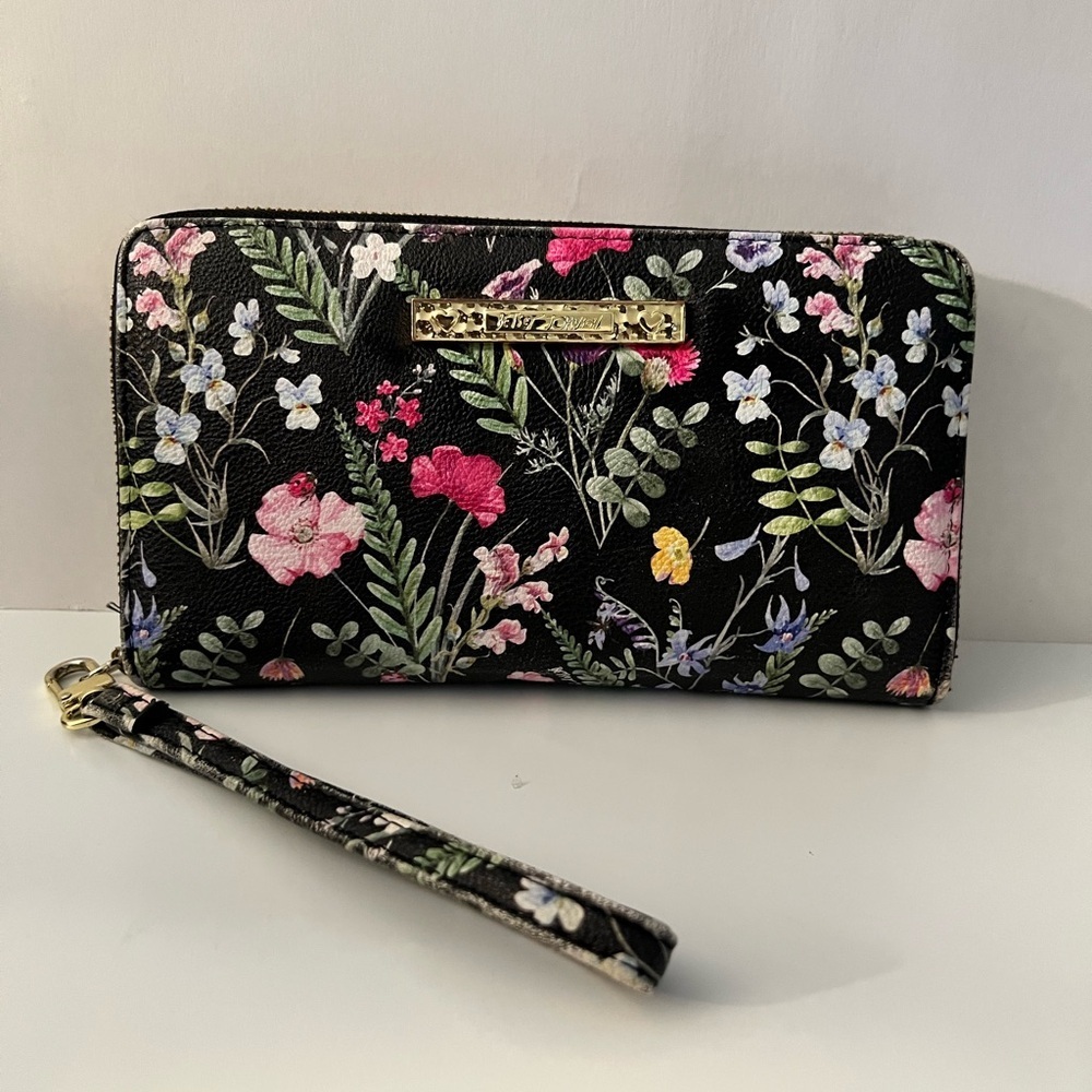 Betsey Johnson Watercolor Black Floral Large Clutch Zip-Around Wallet